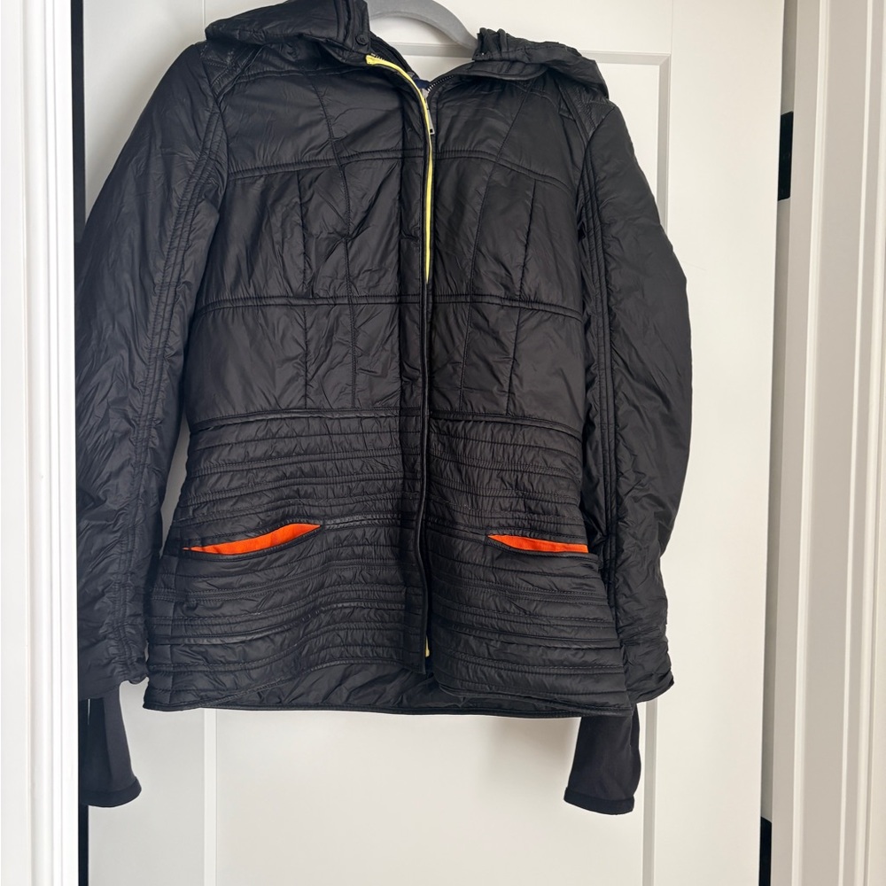 Elie Tahari Black Quilted Hooded Puffer with Orange Pocket Trim